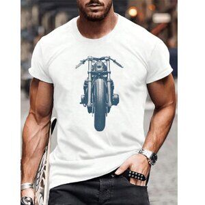 Men’s Motorcycle Graphic T-Shirt Crew Neck Casual Biker XL White 100% Polyester